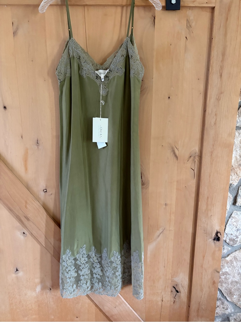 THE GREAT. Olive Green Lace-Trim Slip Dress